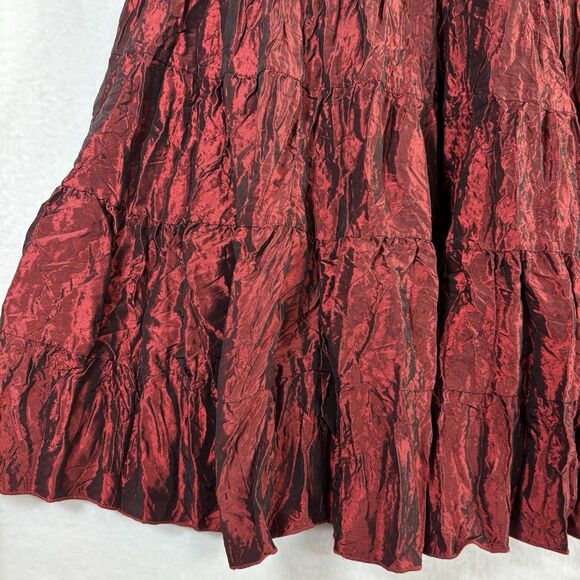 Shiny Midi Skirt Burgundy Crinkle Satin Taffeta Prairie Tiered Whimsy - Picture 2 of 10